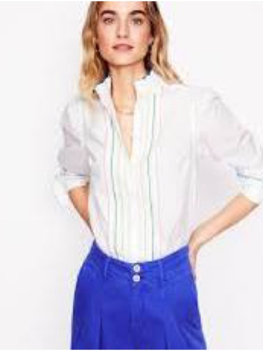 Boden Felicity White Ruffle Collar Button-Front Blouse with Multicolor Trim - Picture 3 of 10